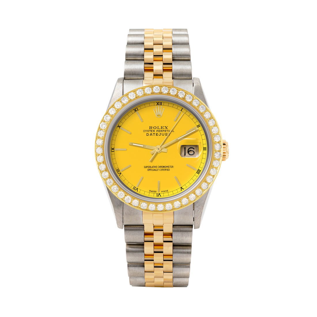 Rolex Datejust 36mm TWO TONE 16233 Yellow Dial | Stick Hour Markers | 2ct Diamond Bezel