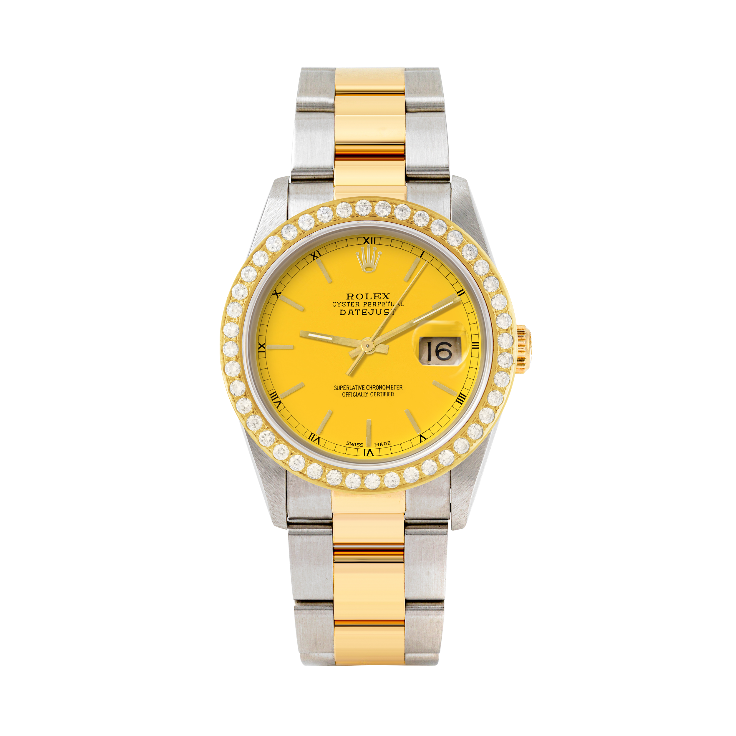 Rolex Datejust 36mm TWO TONE 16233 Yellow Dial | Stick Hour Markers | 2ct Diamond Bezel