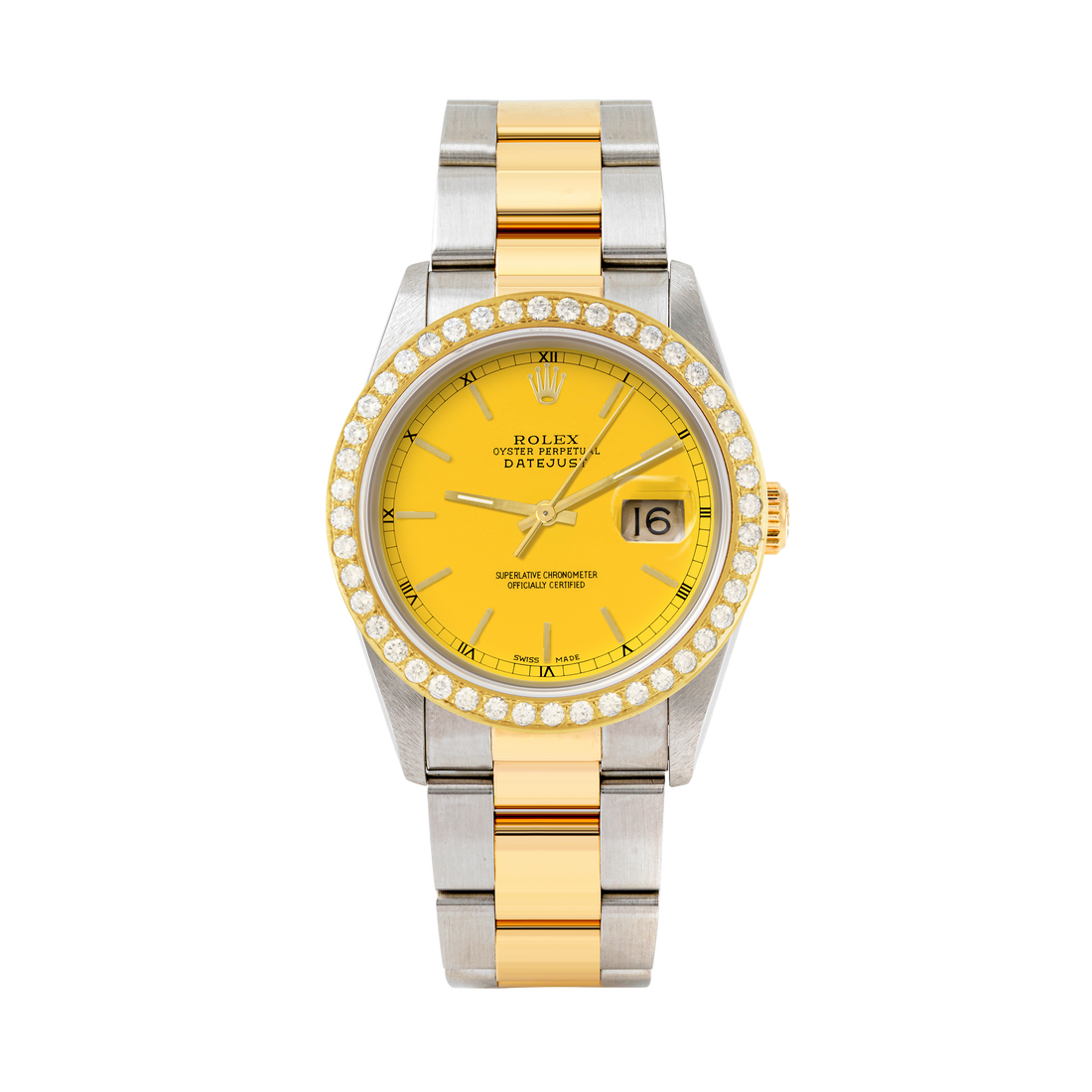 Rolex Datejust 36mm TWO TONE 16233 Yellow Dial | Stick Hour Markers | 2ct Diamond Bezel