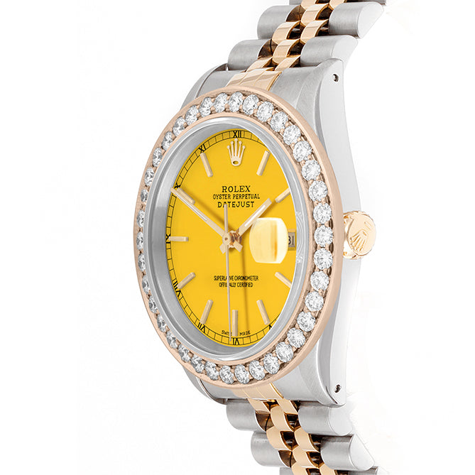Rolex Datejust 36mm TWO TONE 16233 Yellow Dial | Stick Hour Markers | 2.5ct Diamond Bezel