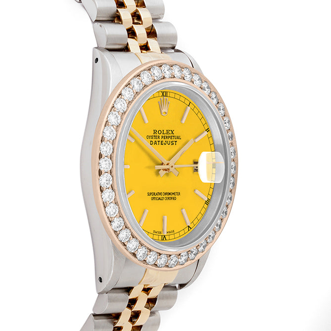 Rolex Datejust 36mm TWO TONE 16233 Yellow Dial | Stick Hour Markers | 2.5ct Diamond Bezel