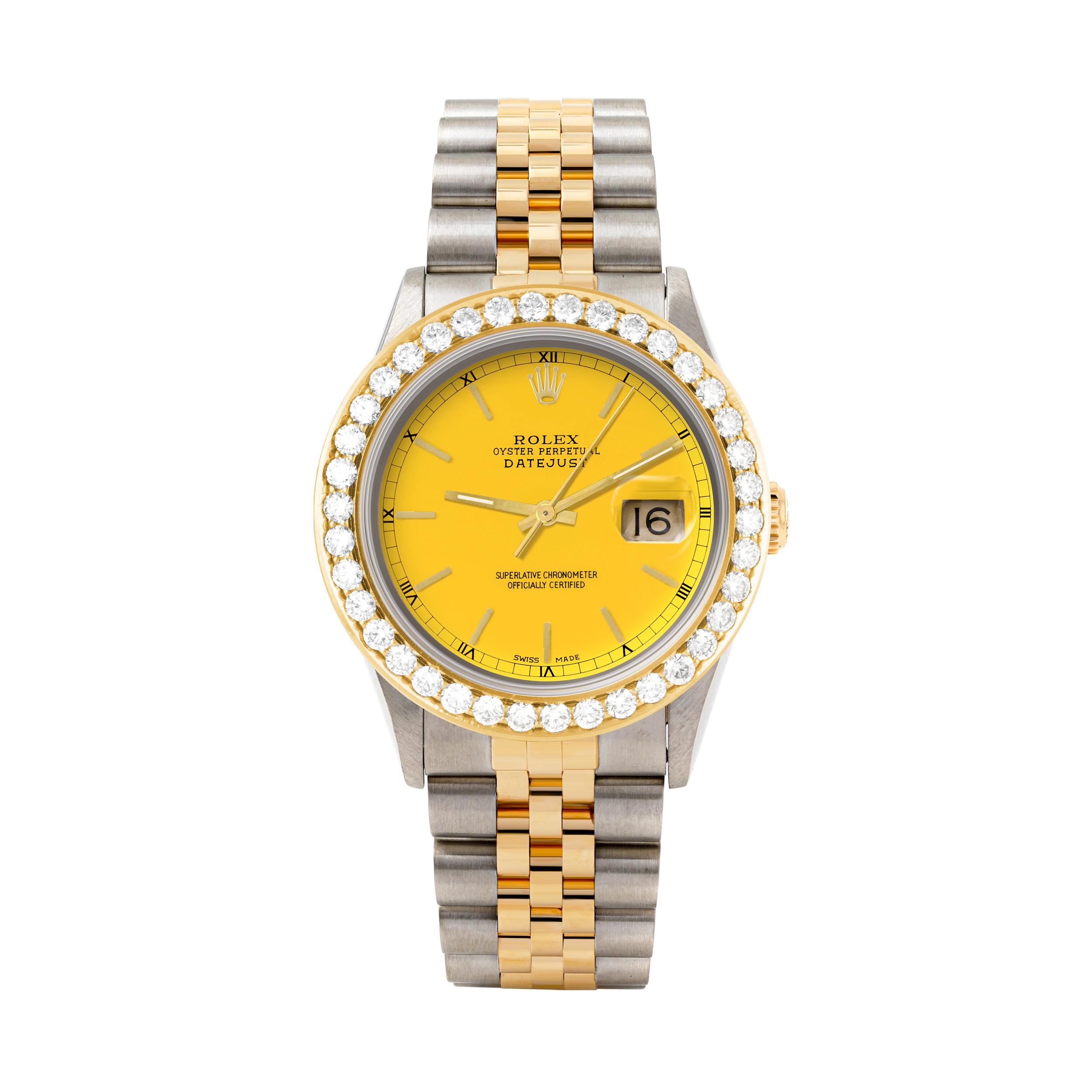 Rolex Datejust 36mm TWO TONE 16233 Yellow Dial | Stick Hour Markers | 2.5ct Diamond Bezel