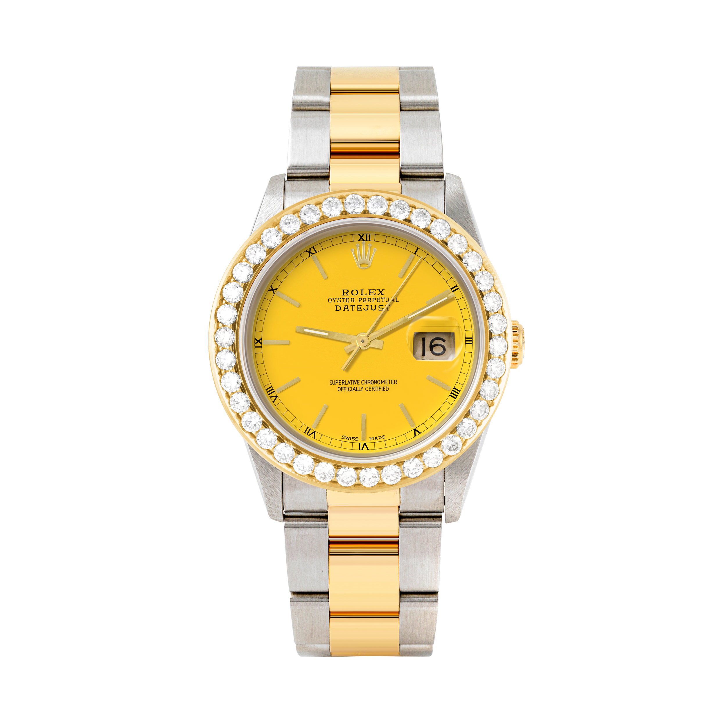 Rolex Datejust 36mm TWO TONE 16233 Yellow Dial | Stick Hour Markers | 2.5ct Diamond Bezel
