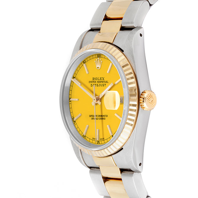 Rolex Datejust 36mm TWO TONE 16233 Yellow  Dial | Stick  Hour Markers | Fluted Bezel