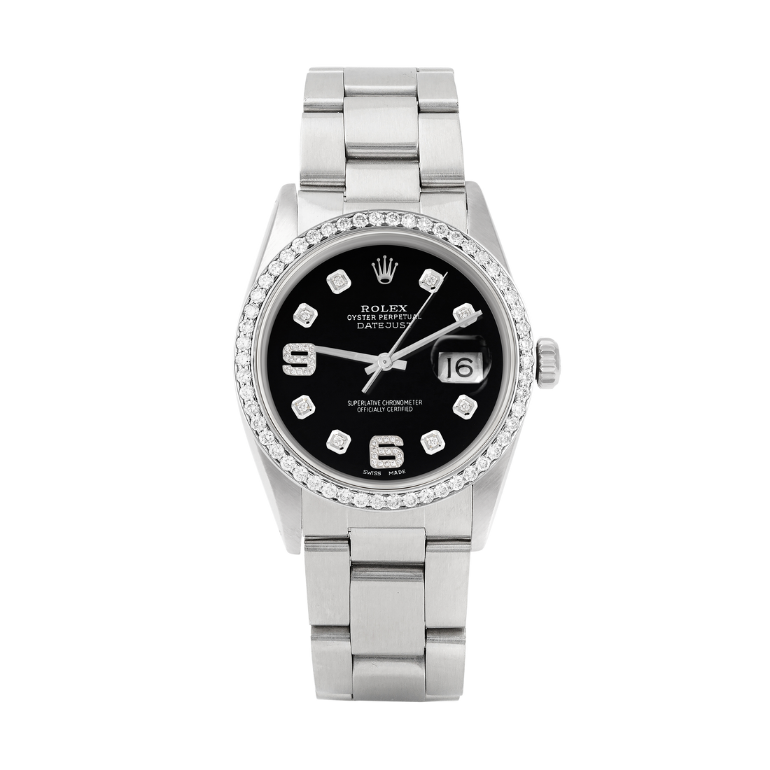 Rolex Datejust 36mm STAINLESS STEEL 16234 Black Dial | 6&9 Diamond |Diamond Hour Markers | 1 ct Diamond Bezel