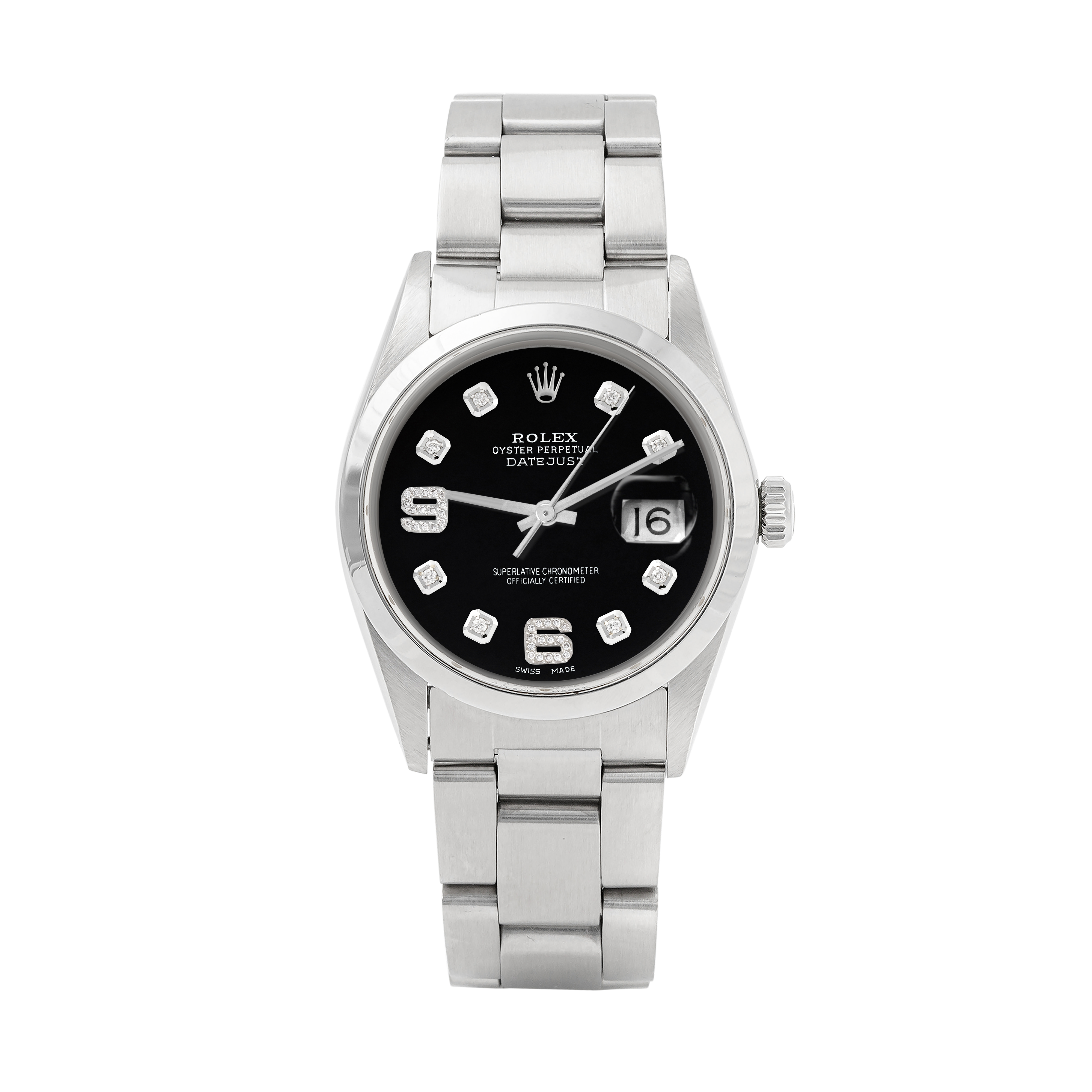 Rolex Datejust 36mm STAINLESS STEEL 16200 Black Dial | 6&9 Diamond | Stainless Steel Smooth Bezel