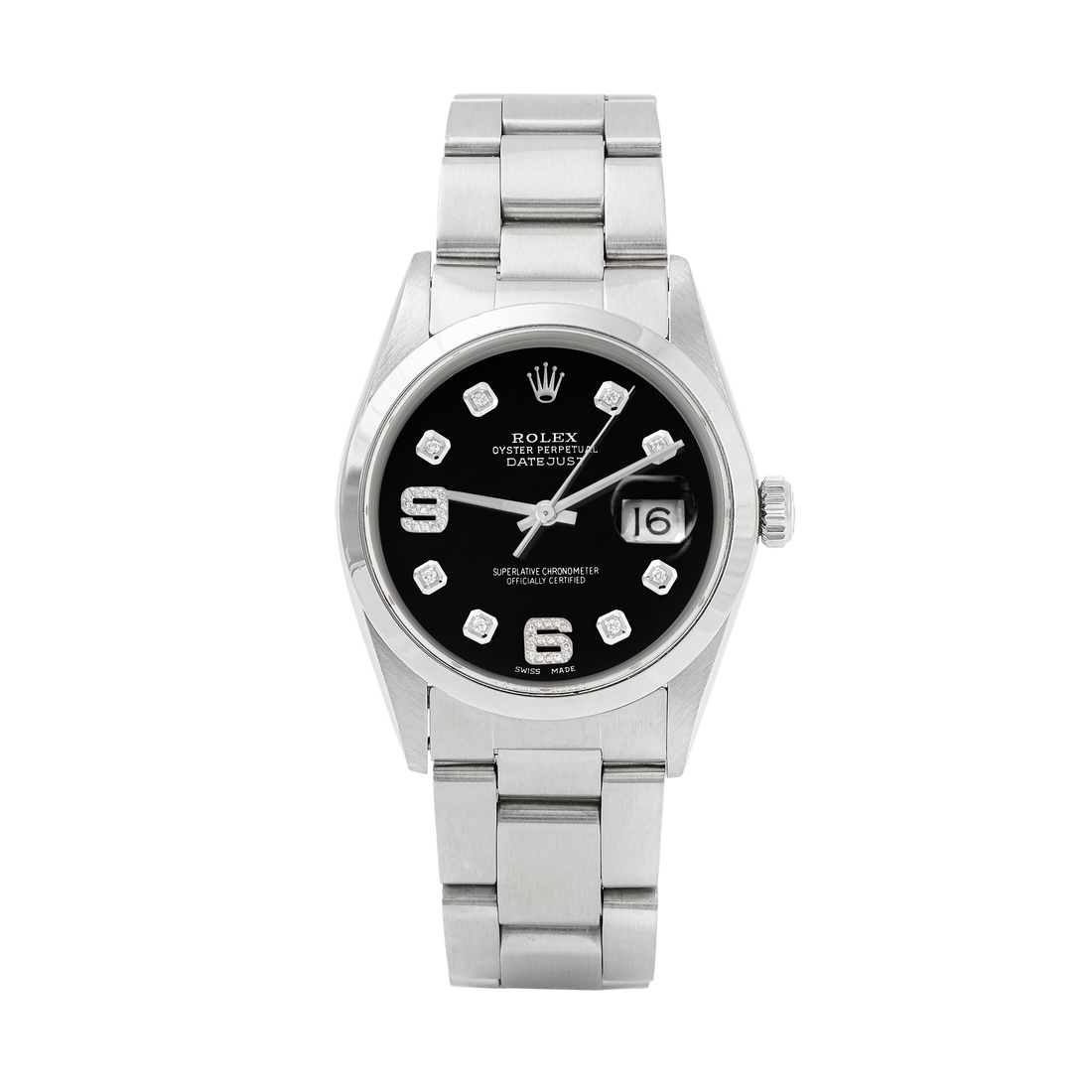 Rolex Datejust 36mm STAINLESS STEEL 16200 Black Dial | 6&9 Diamond | Stainless Steel Smooth Bezel