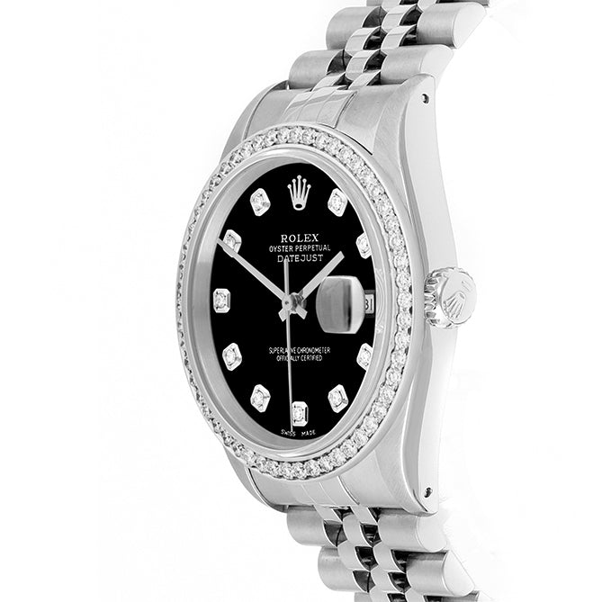 Rolex Datejust 36mm STAINLESS STEEL 16234 Black Dial | Diamond Hour Markers, 1ct Diamond Bezel