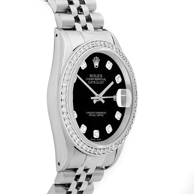 Rolex Datejust 36mm STAINLESS STEEL 16234 Black Dial | Diamond Hour Markers, 1ct Diamond Bezel