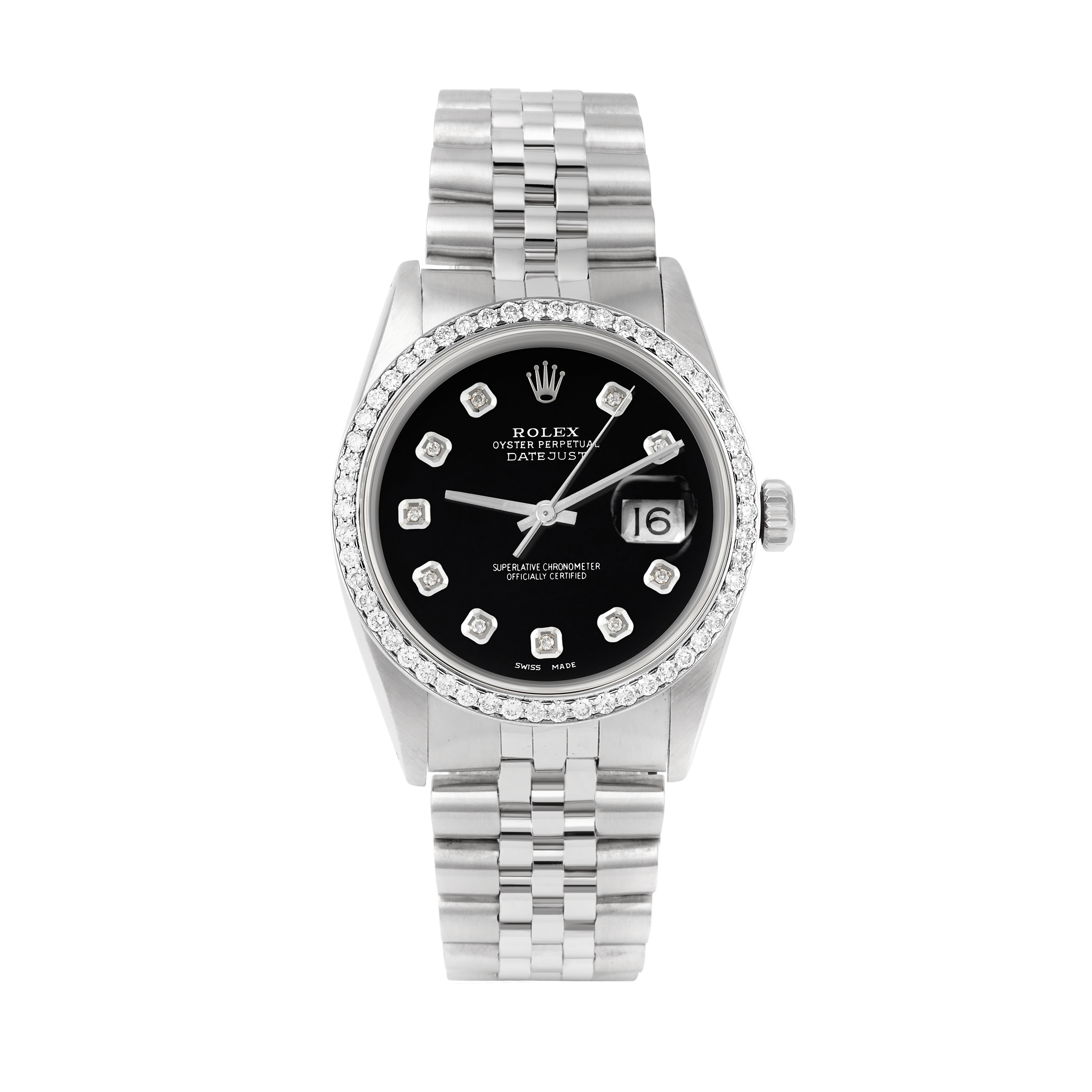 Rolex Datejust 36mm STAINLESS STEEL 16234 Black Dial | Diamond Hour Markers, 1ct Diamond Bezel