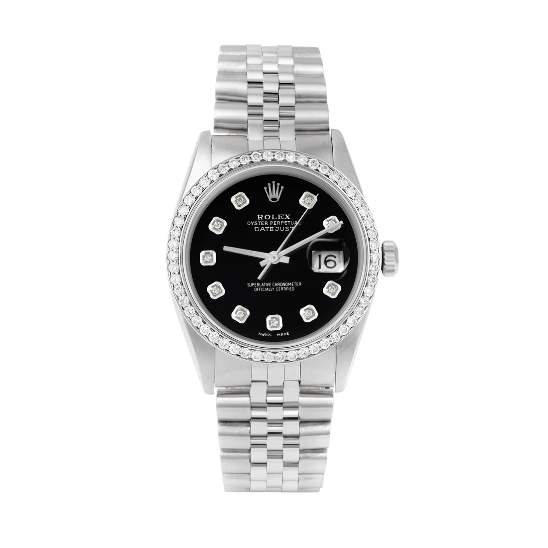 Rolex Datejust 36mm STAINLESS STEEL 16234 Black Dial | Diamond Hour Markers, 1ct Diamond Bezel