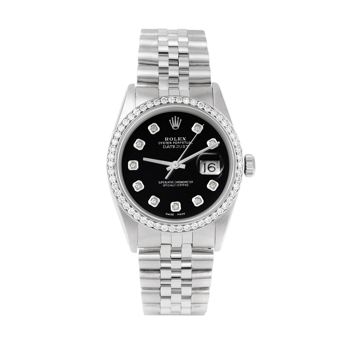 Rolex Datejust 36mm STAINLESS STEEL 16234 Black Dial | Diamond Hour Markers | 1 ct Diamond Bezel