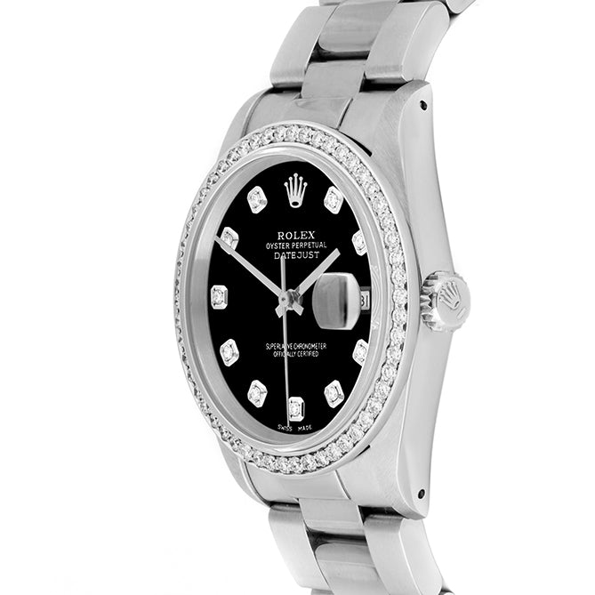 Rolex Datejust 36mm STAINLESS STEEL 16234 Black Dial | Diamond Hour Markers | 1ct Diamond Bezel