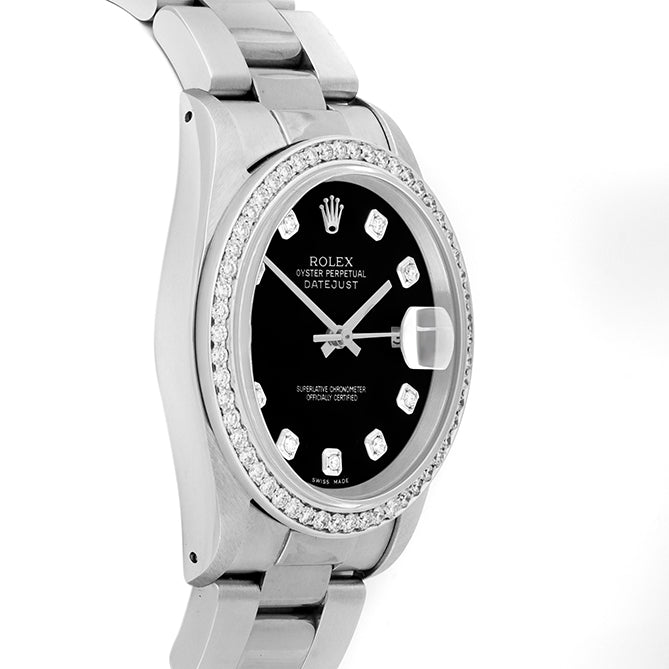 Rolex Datejust 36mm STAINLESS STEEL 16234 Black Dial | Diamond Hour Markers | 1ct Diamond Bezel