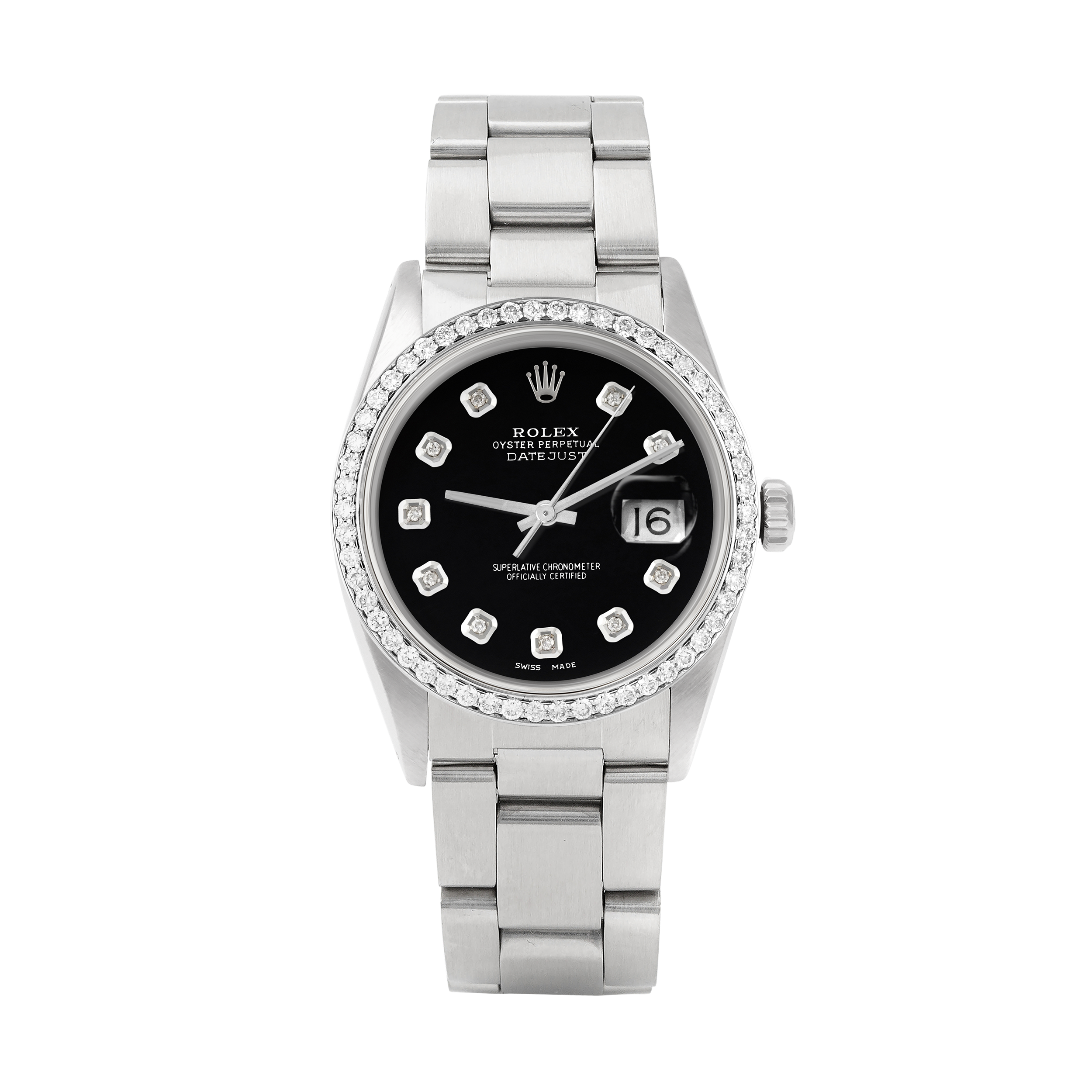 Rolex Datejust 36mm STAINLESS STEEL 16234 Black Dial | Diamond Hour Markers | 1ct Diamond Bezel