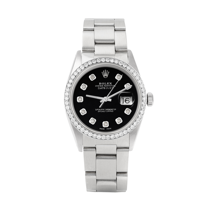 Rolex Datejust 36mm STAINLESS STEEL 16234 Black Dial | Diamond Hour Markers | 1 ct Diamond Bezel