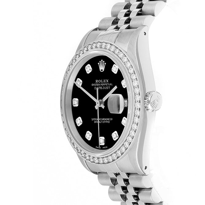 Rolex Datejust 36mm STAINLESS STEEL 16234 Black Dial | Diamond Hour Markers, 1.8 ct Diamond Bezel (Copy)