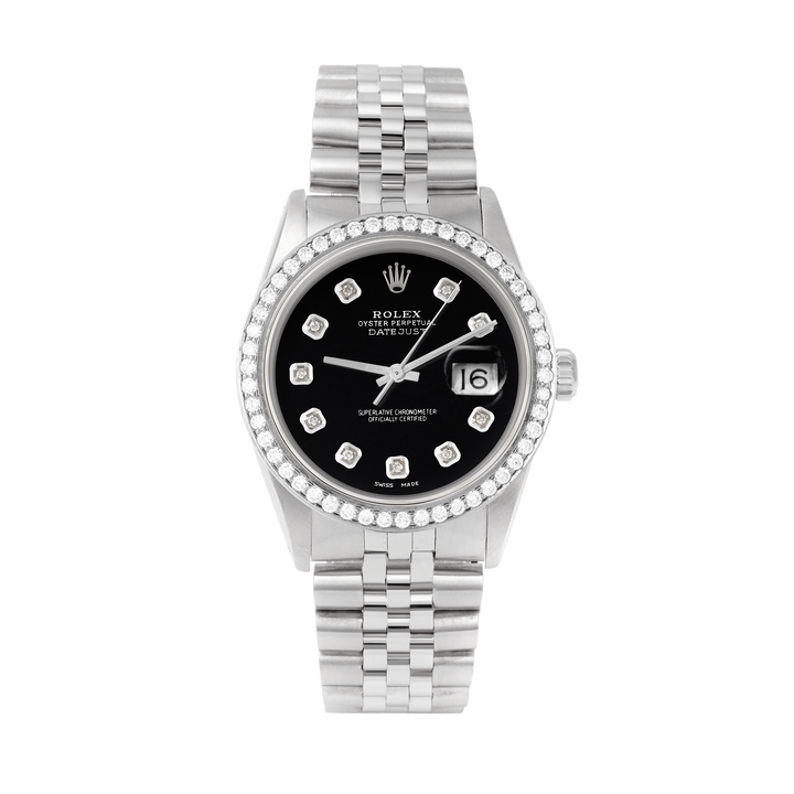 Rolex Datejust 36mm STAINLESS STEEL 16234 Black Dial | Diamond Hour Markers, 1.8 ct Diamond Bezel (Copy)