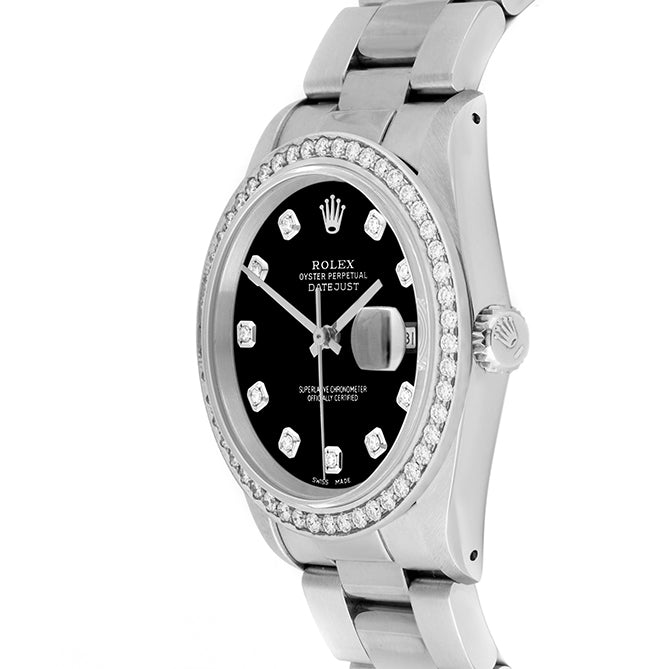 Rolex Datejust 36mm STAINLESS STEEL 16234 Black Dial | Diamond Hour Markers, 1.8 ct Diamond Bezel