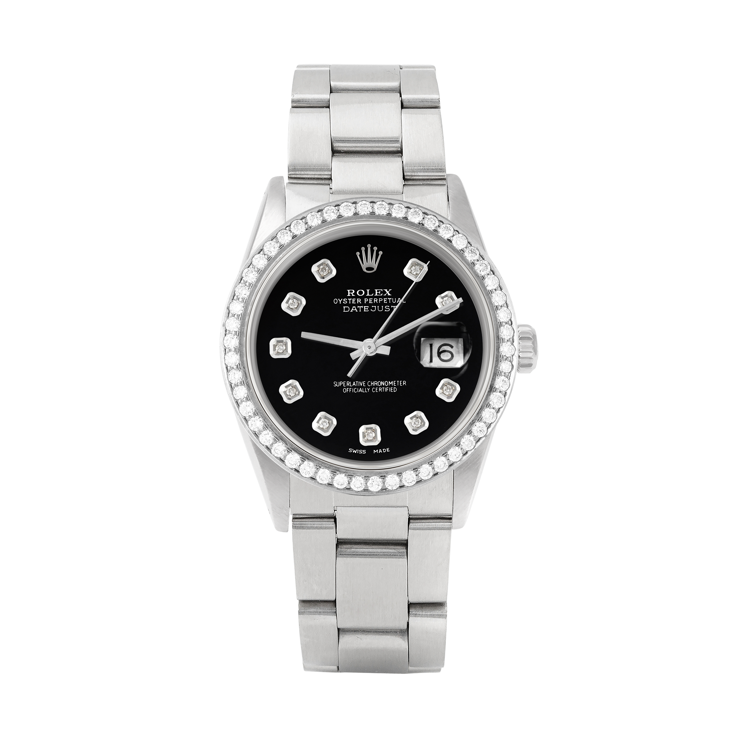 Rolex Datejust 36mm STAINLESS STEEL 16234 Black Dial | Diamond Hour Markers, 1.8 ct Diamond Bezel