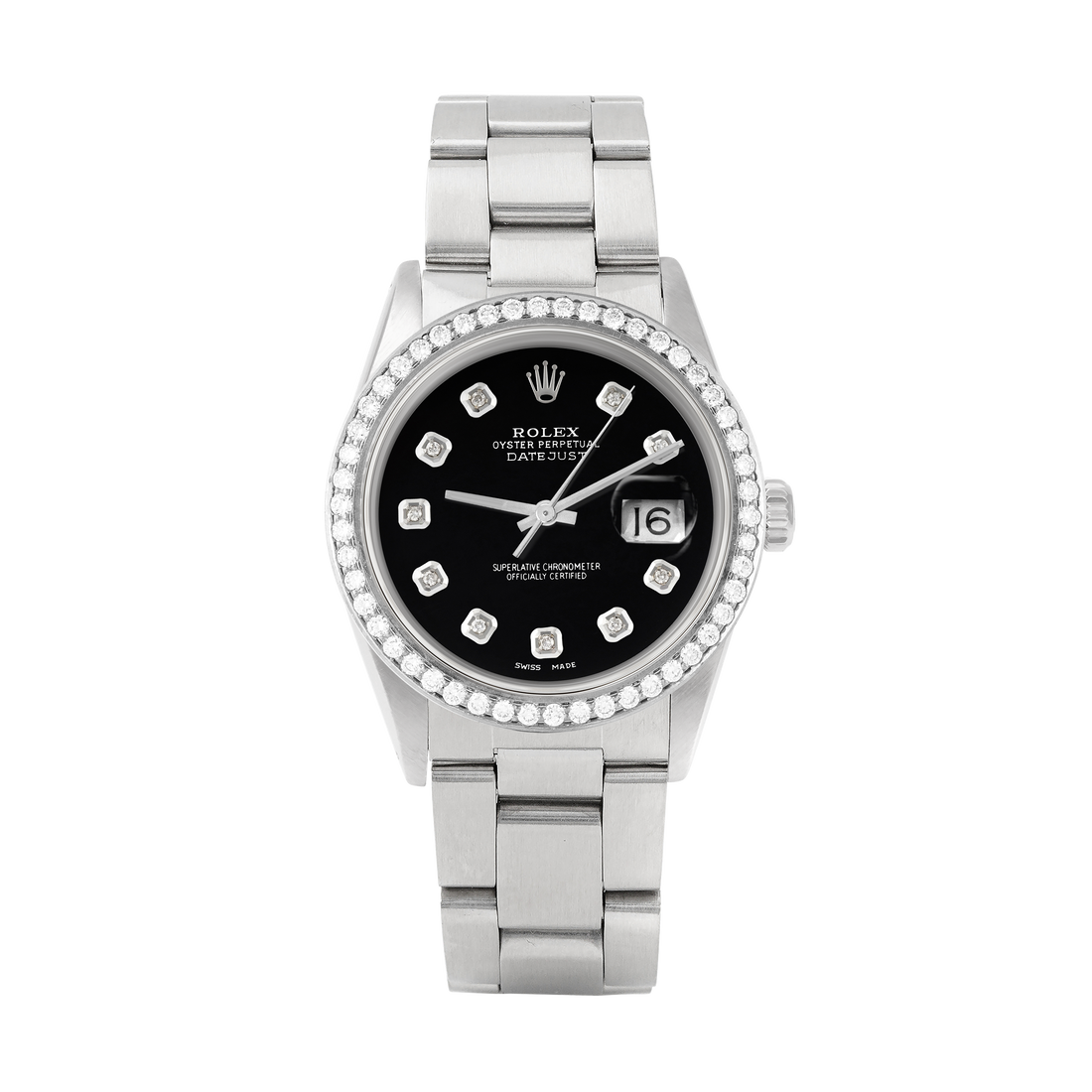 Rolex Datejust 36mm STAINLESS STEEL 16234 Black Dial | Diamond Hour Markers, 1.8 ct Diamond Bezel