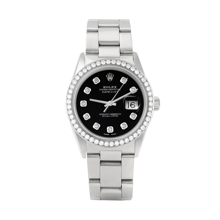 Rolex Datejust 36mm STAINLESS STEEL 16234 Black Dial | Diamond Hour Markers, 1.8 ct Diamond Bezel