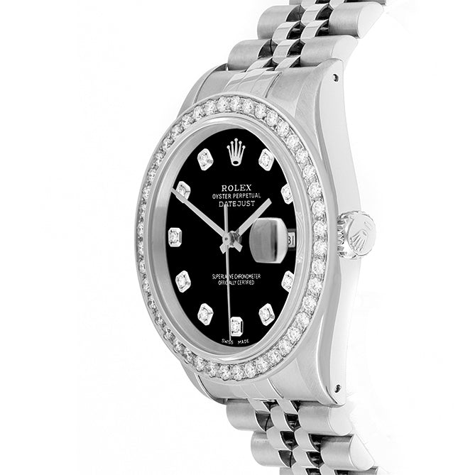 Rolex Datejust 36mm STAINLESS STEEL 16234 Black Dial | Diamond Hour Markers, 2ct Diamond Bezel