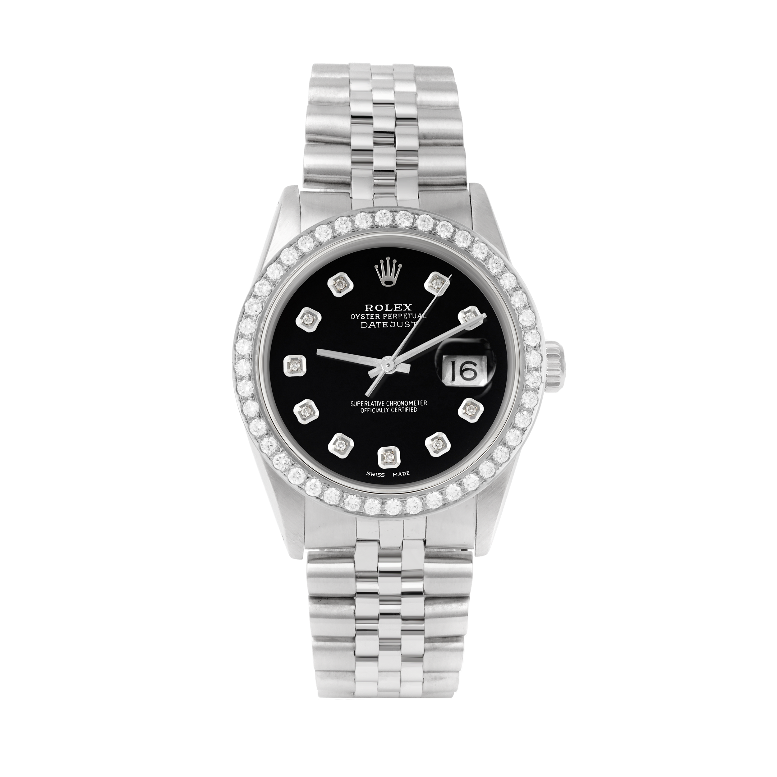 Rolex Datejust 36mm STAINLESS STEEL 16234 Black Dial | Diamond Hour Markers, 2ct Diamond Bezel