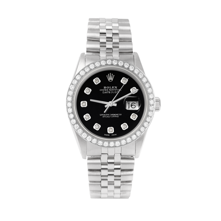Rolex Datejust 36mm STAINLESS STEEL 16234 Black Dial | Diamond Hour Markers, 2ct Diamond Bezel