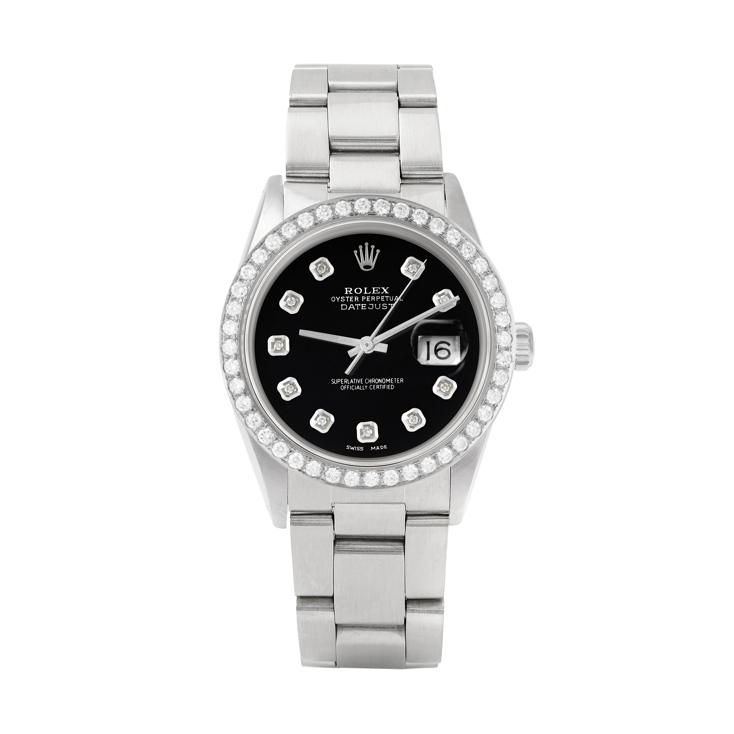 Rolex Datejust 36mm STAINLESS STEEL 16234 Black Dial | Diamond Hour Markers, 2 ct Diamond Bezel