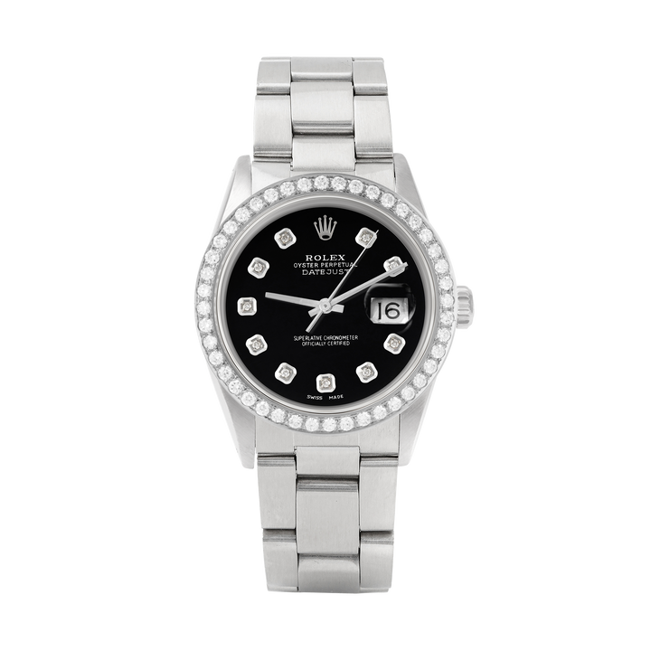 Rolex Datejust 36mm STAINLESS STEEL 16234 Black Dial | Diamond Hour Markers, 2 ct Diamond Bezel