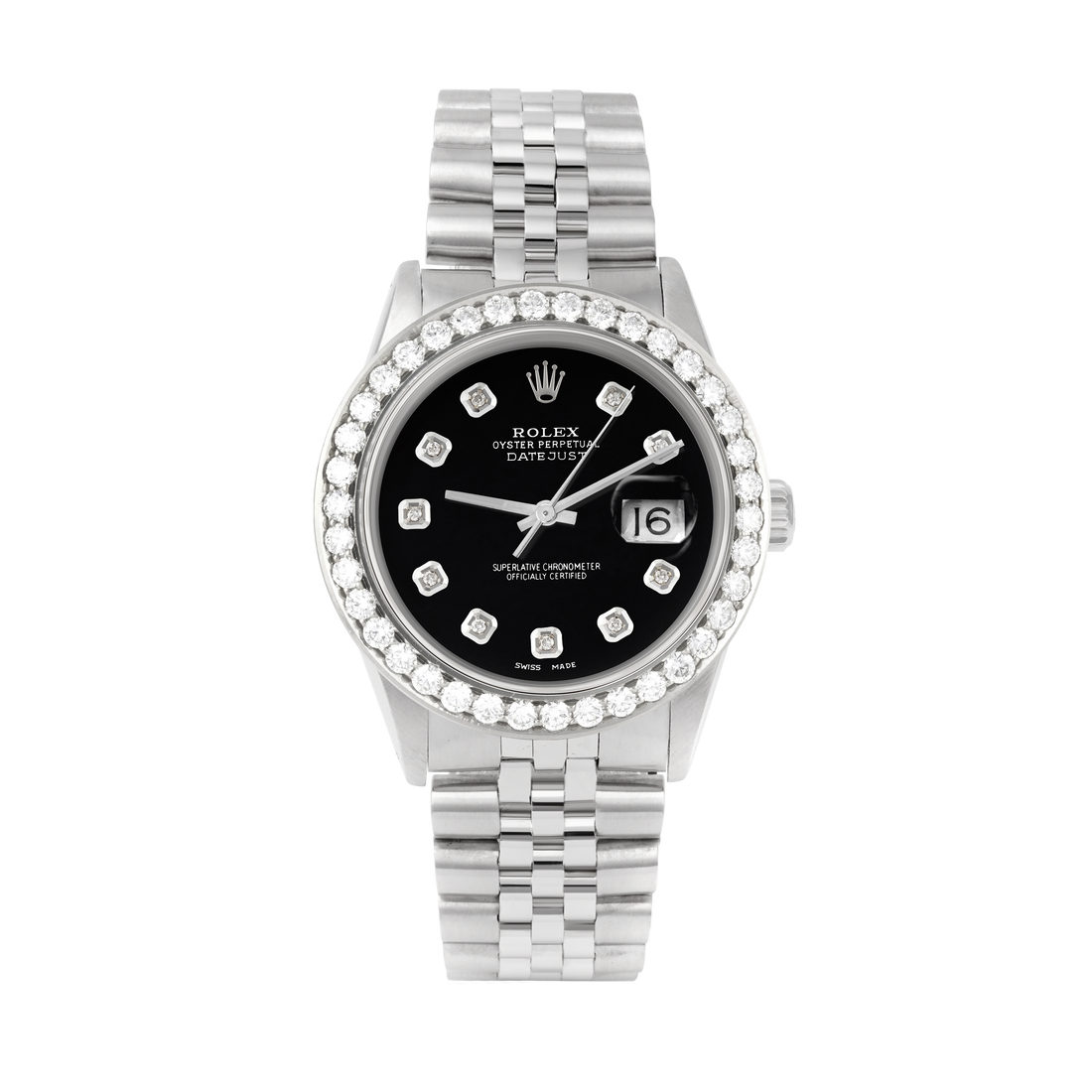 Rolex Datejust 36mm STAINLESS STEEL 16234 Black  Dial | Diamond Hour Markers | 2.5 ct Diamond Bezel