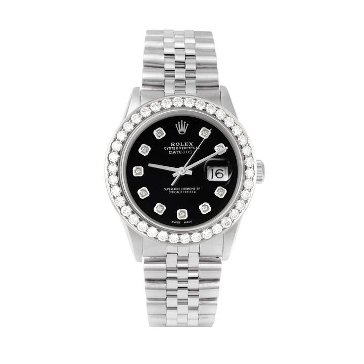 Rolex Datejust 36mm STAINLESS STEEL 16234 Black  Dial | Diamond Hour Markers | 2.5 ct Diamond Bezel