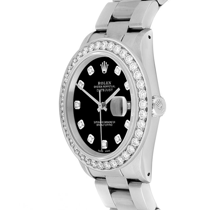 Rolex Datejust 36mm STAINLESS STEEL 16234  Black  Dial | Diamond Hour Markers | 2.5 ct Diamond Bezel