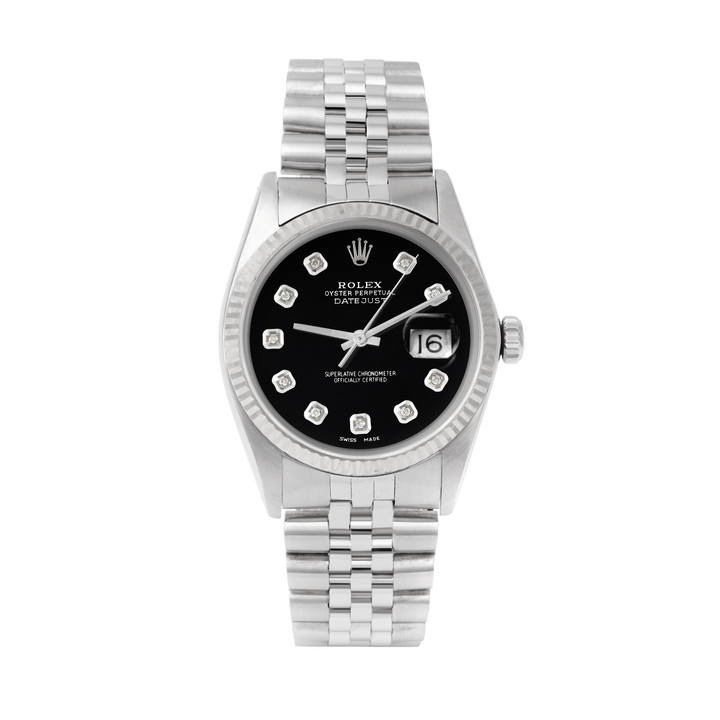 Rolex Datejust 36mm STAINLESS STEEL 16234 Black Dial | Diamond Hour Markers | Fluted Bezel