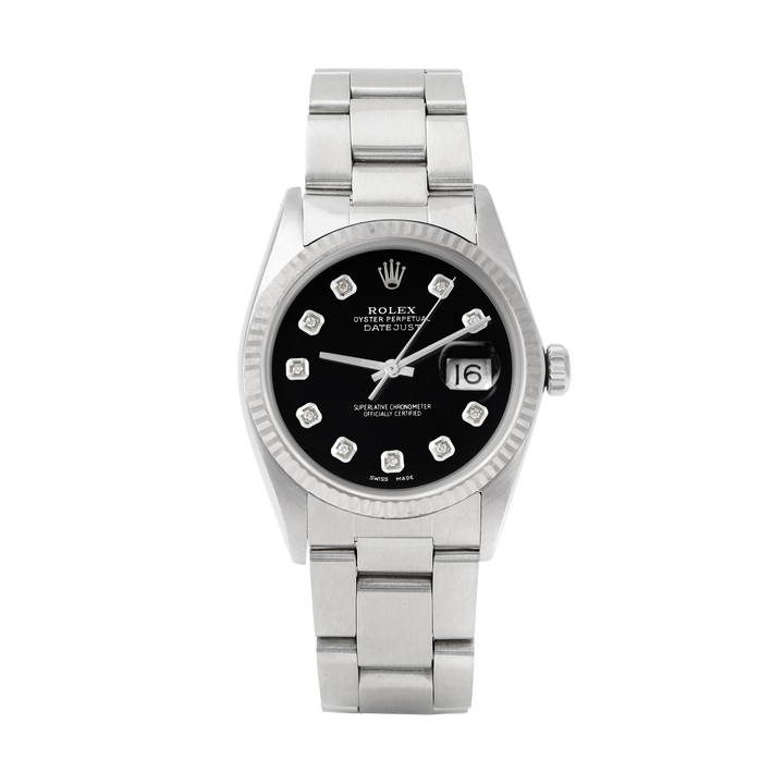 Rolex Datejust 36mm STAINLESS STEEL 16234 Black  Dial | Diamond Hour Markers | Fluted Bezel