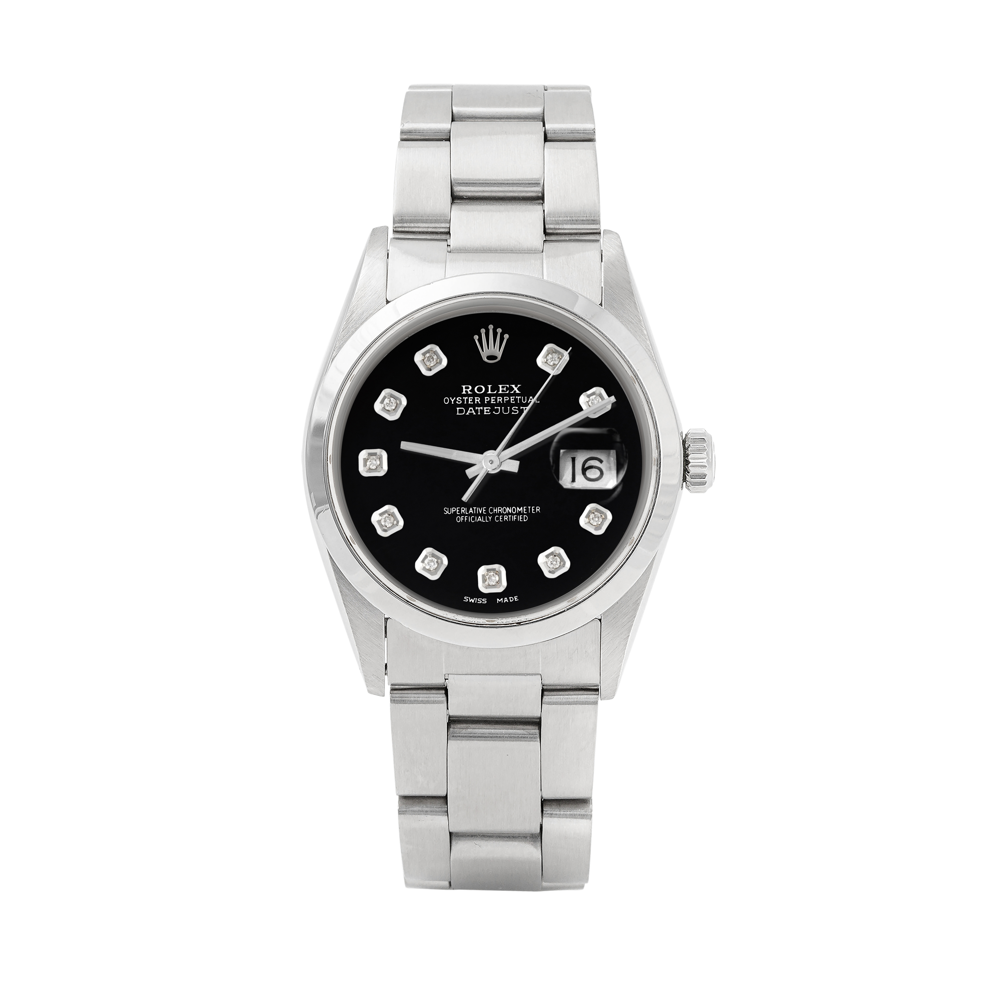 Rolex Datejust 36mm STAINLESS STEEL 16200 Black Dial | Diamond Hour Markers | Smooth Bezel