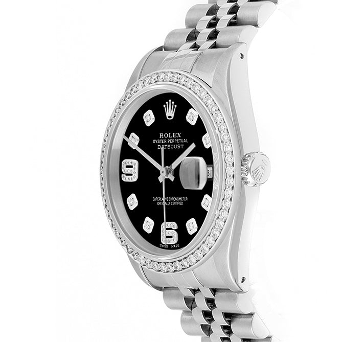 Rolex Datejust 36mm STAINLESS STEEL 16234 Black Dial | 6&9 Diamond |Diamond Hour Markers | 1 ct Diamond Bezel