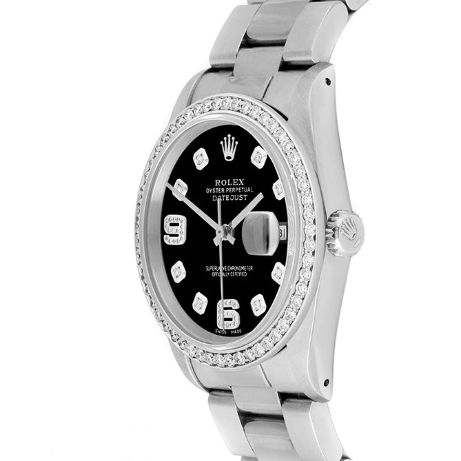 Rolex Datejust 36mm STAINLESS STEEL 16234 Black Dial | 6&9 Diamond |Diamond Hour Markers | 1 ct Diamond Bezel