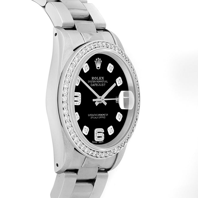 Rolex Datejust 36mm STAINLESS STEEL 16234 Black Dial | 6&9 Diamond |Diamond Hour Markers | 1 ct Diamond Bezel