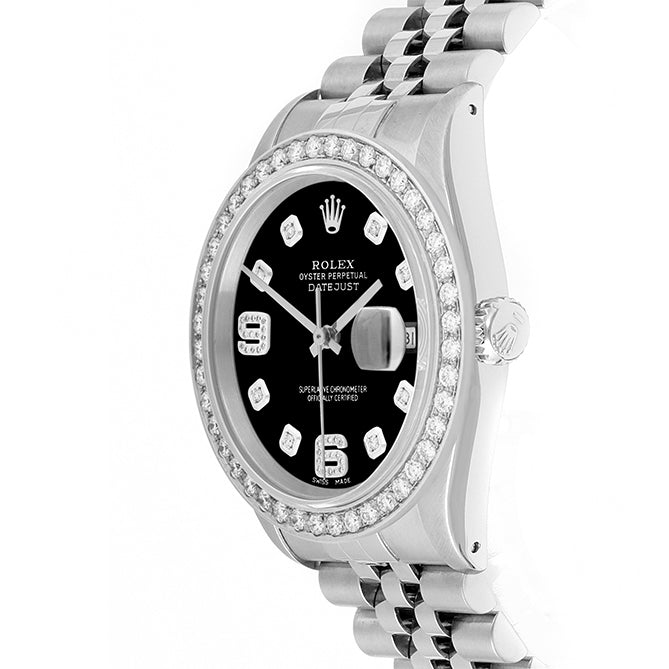 Rolex Datejust 36mm STAINLESS STEEL 16234  Black Dial | 6&9 Diamond Hour Markers | 2 ct Diamond Bezel