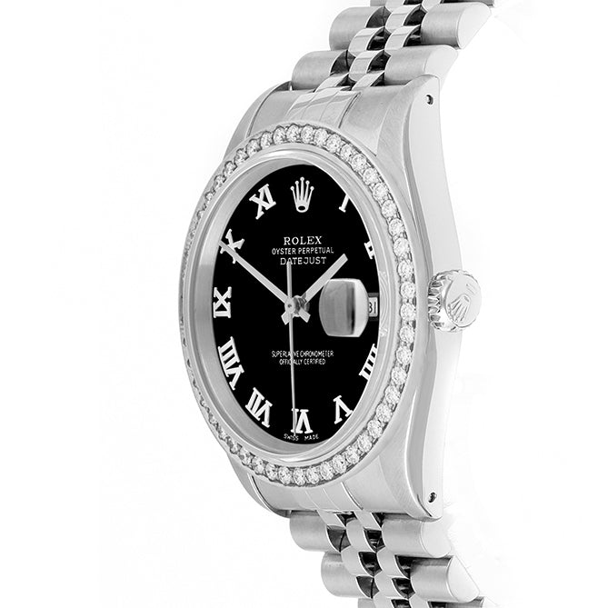 Rolex Datejust 36mm STAINLESS STEEL 16234 Black Dial | Roman Hour Markers, 1.8ct Diamond Bezel