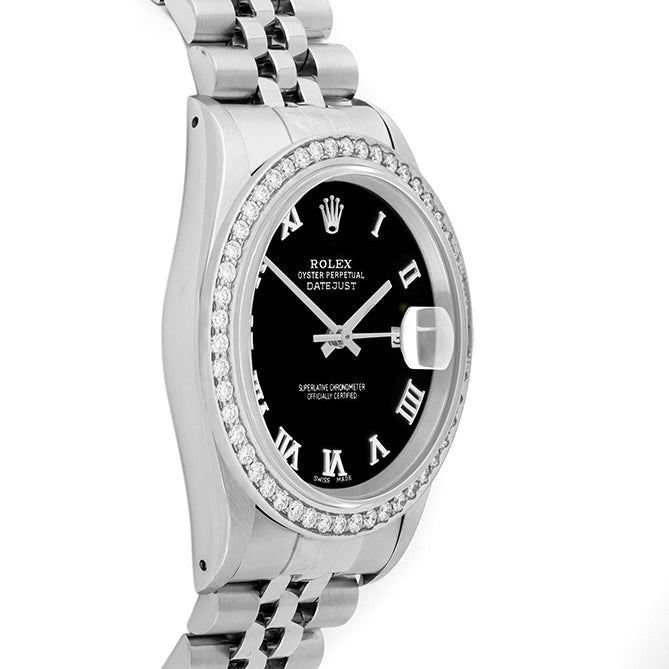 Rolex Datejust 36mm STAINLESS STEEL 16234 Black Dial | Roman Hour Markers, 1.8ct Diamond Bezel