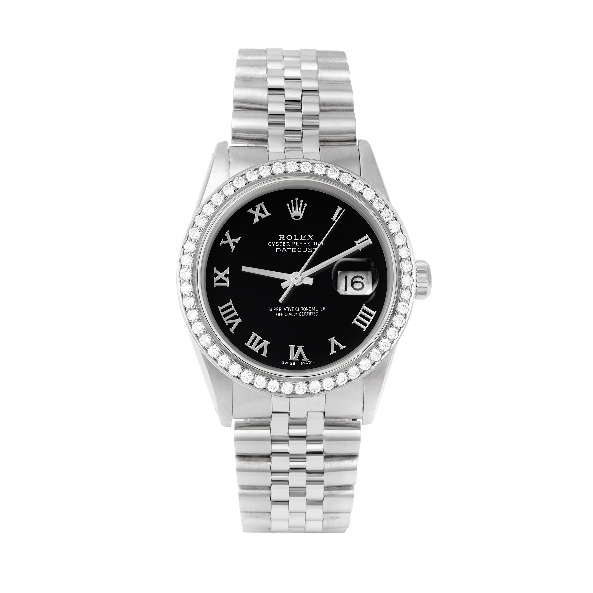 Rolex Datejust 36mm STAINLESS STEEL 16234 Black Dial | Roman Hour Markers, 1.8ct Diamond Bezel