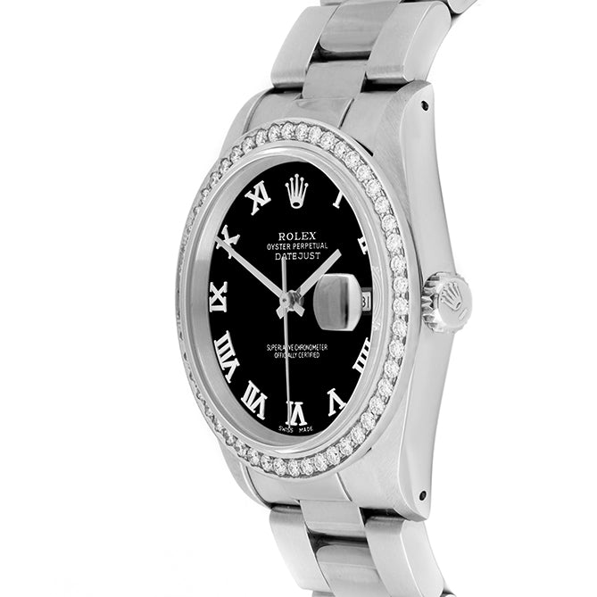 Rolex Datejust 36mm STAINLESS STEEL 16234 Black Dial | Roman Hour Markers, 1.8ct Diamond Bezel