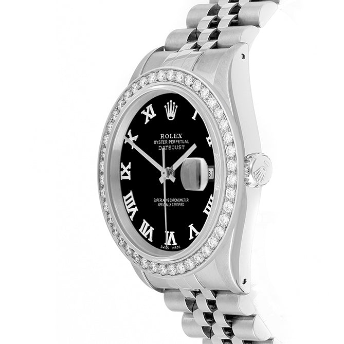 Rolex Datejust 36mm STAINLESS STEEL 16234 Black Dial | Roman Hour Markers, 2 ct Diamond Bezel