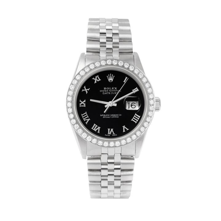 Rolex Datejust 36mm STAINLESS STEEL 16234 Black Dial | Roman Hour Markers, 2 ct Diamond Bezel