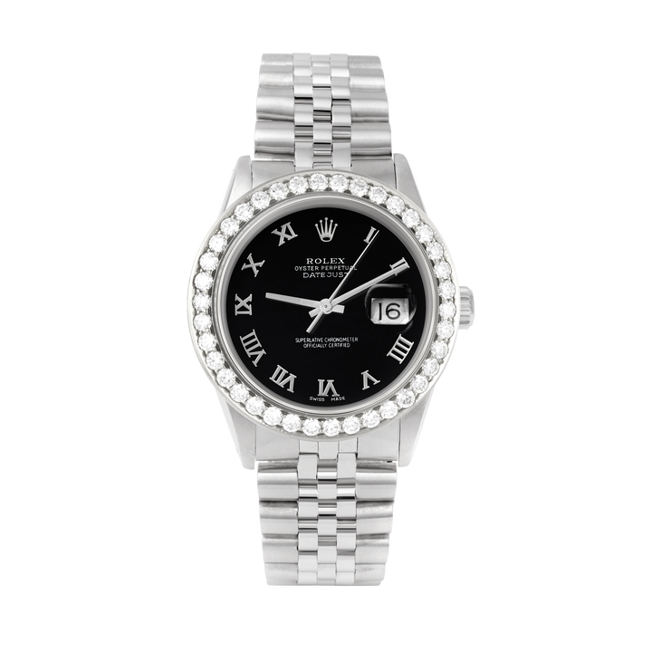 Rolex Datejust 36mm STAINLESS STEEL 16234 Black Dial | Roman Hour Markers | 2.5 ct Diamond Bezel