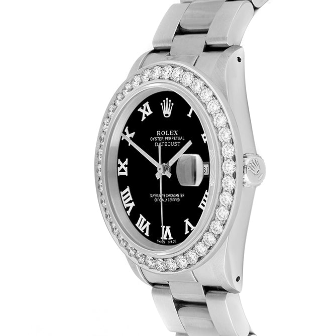 Rolex Datejust 36mm STAINLESS STEEL 16234 Black Dial | Roman Hour Markers | 2.5 ct Diamond Bezel