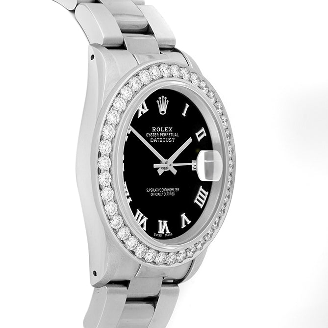 Rolex Datejust 36mm STAINLESS STEEL 16234 Black Dial | Roman Hour Markers | 2.5 ct Diamond Bezel